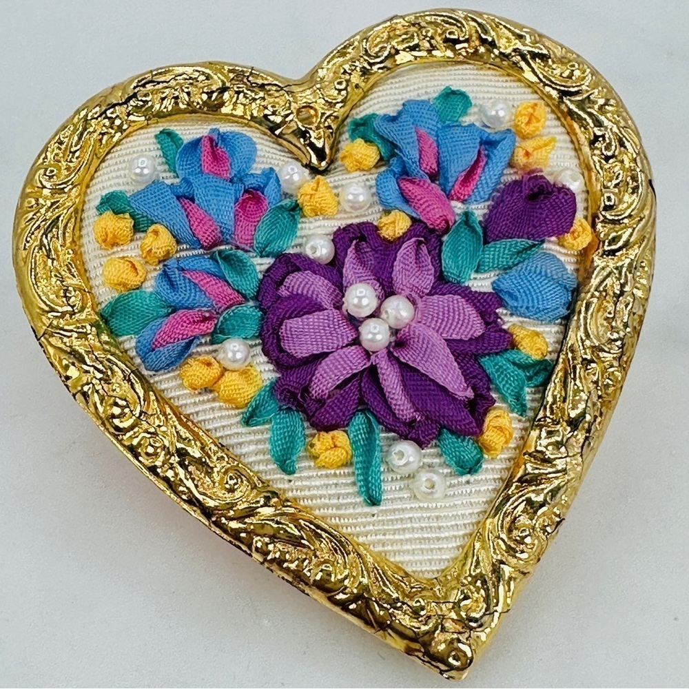 Embroidered Heart Brooch Pin Gold Framed Hand Stitched Flower Design Cottage